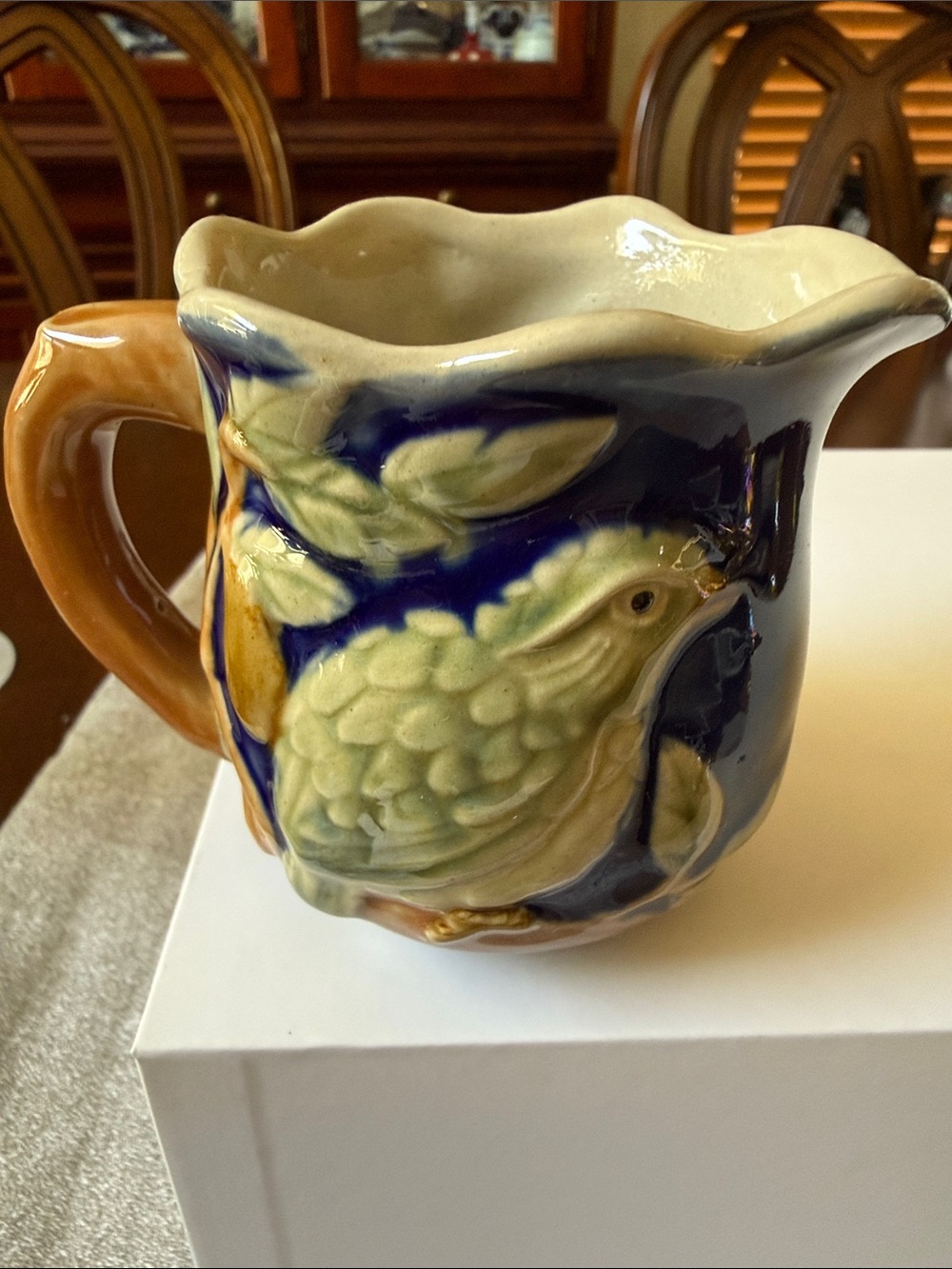 Henriksen Imports Majolica creamer cobalt blue bird & pear hand painted